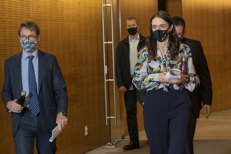 Prime Minister Jacinda Ardern arriving for a COVID-19 briefing.