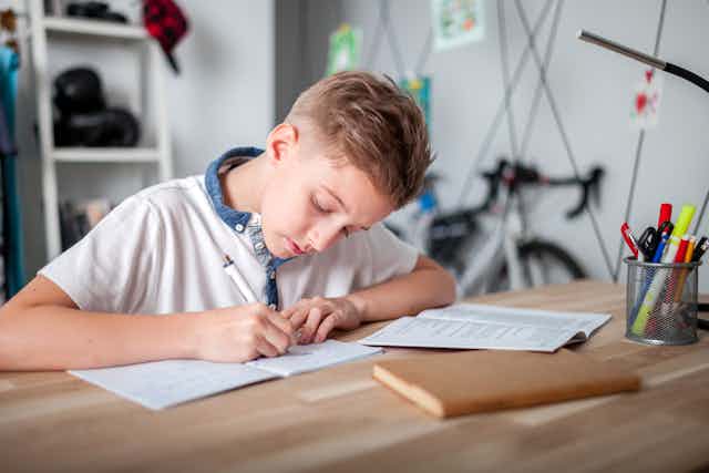 Boy doing homework at desk at home.