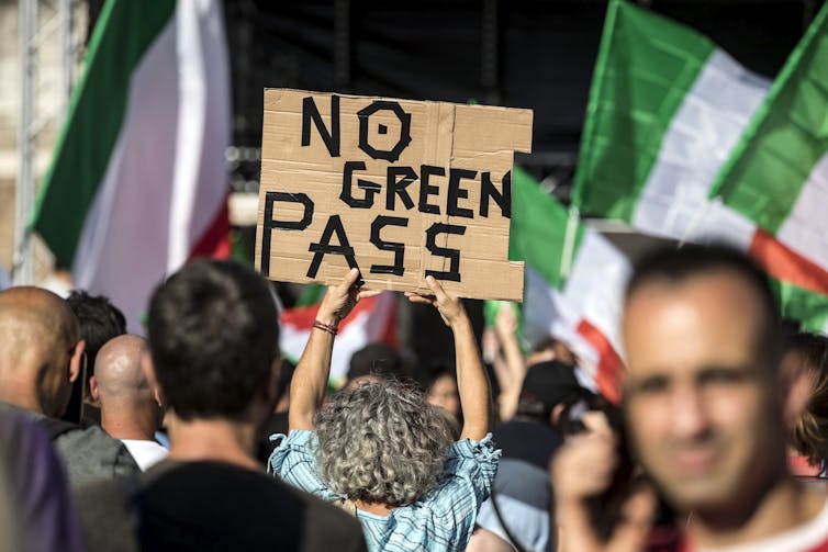 A protest against the Green Pass vaccine passport in Rome on August 7 2021.