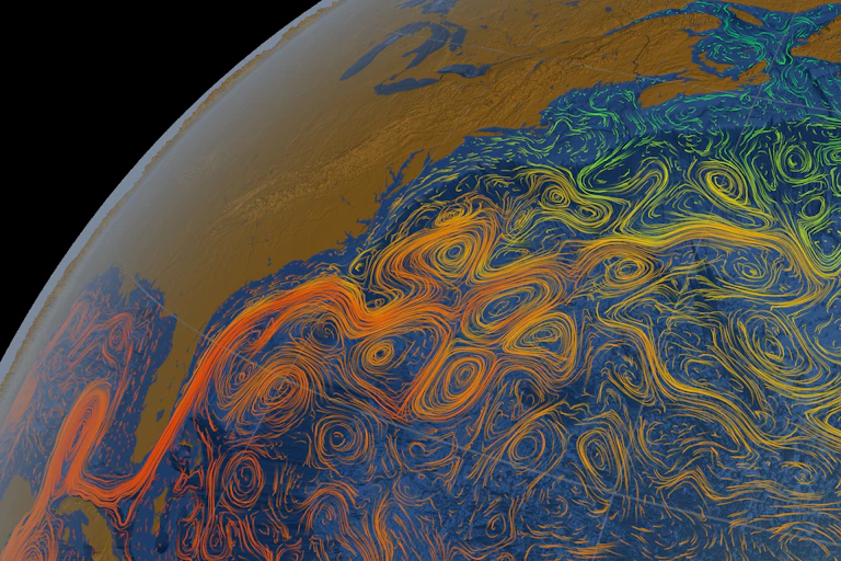 Color loops and and the current showing it going from warm in the Caribbean to cooler east of Canada.