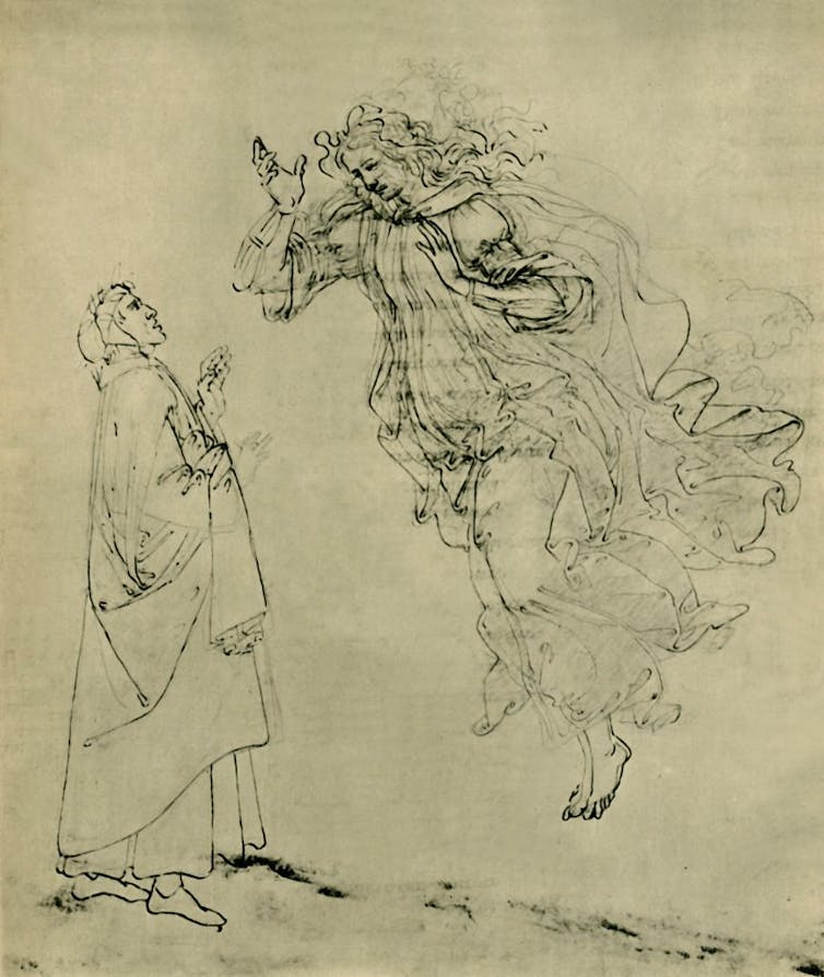 Drawing of a woman floating before a surprised man.