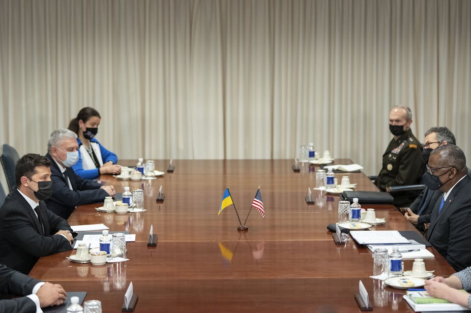 Ukrainian President Volodymyr Zelensky meets with US Secretary of Defense Lloyd Austin at the Pentagon.