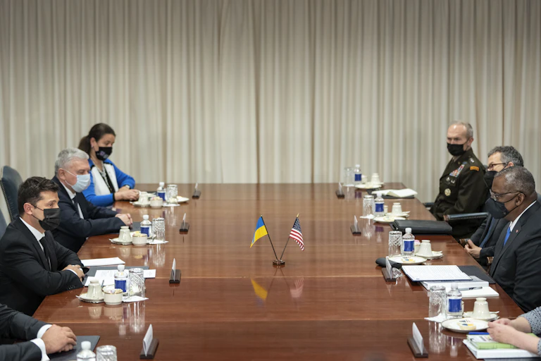 Ukrainian President Volodymyr Zelensky meets with US Secretary of Defense Lloyd Austin at the Pentagon.