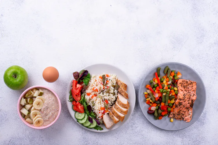 Breakfast, lunch, and dinner ready to be eaten.