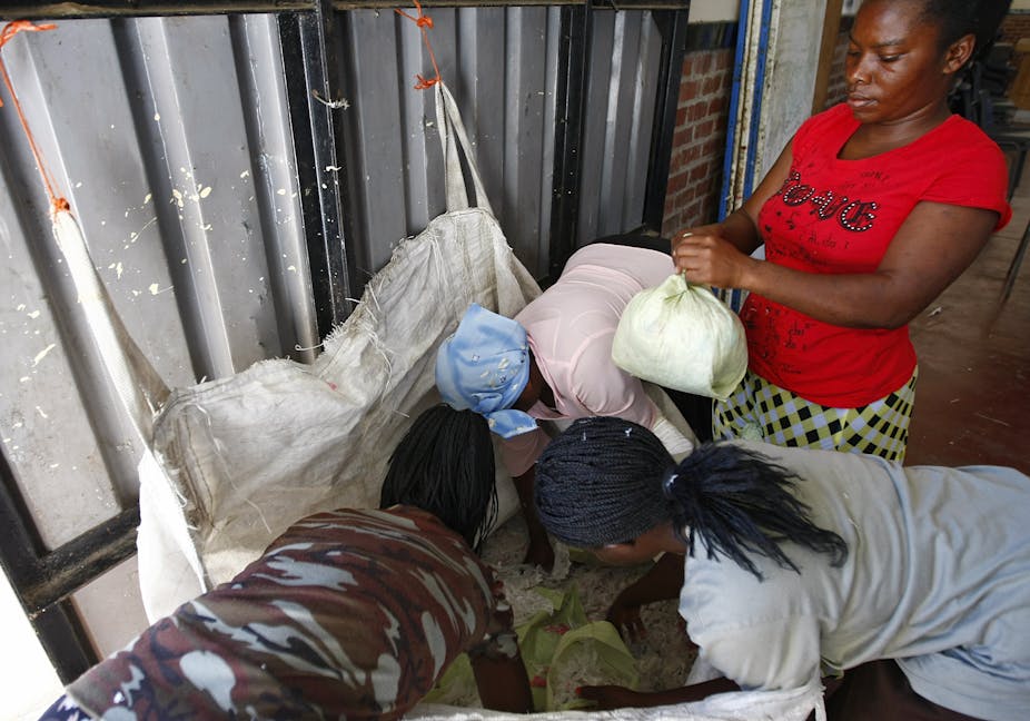 A woman on her feet ties a plastic bag while three others bend to fill more bags.