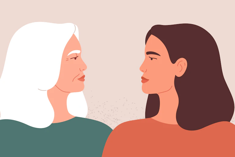 a cartoon of an older and younger woman looking at each other.