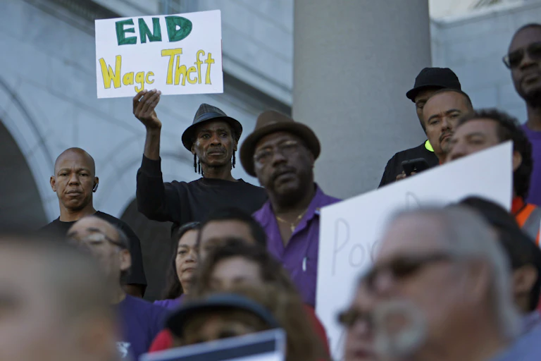 A man holds a sign saying, 'End Wage theft' at a protest over low wages in Los Angeles.