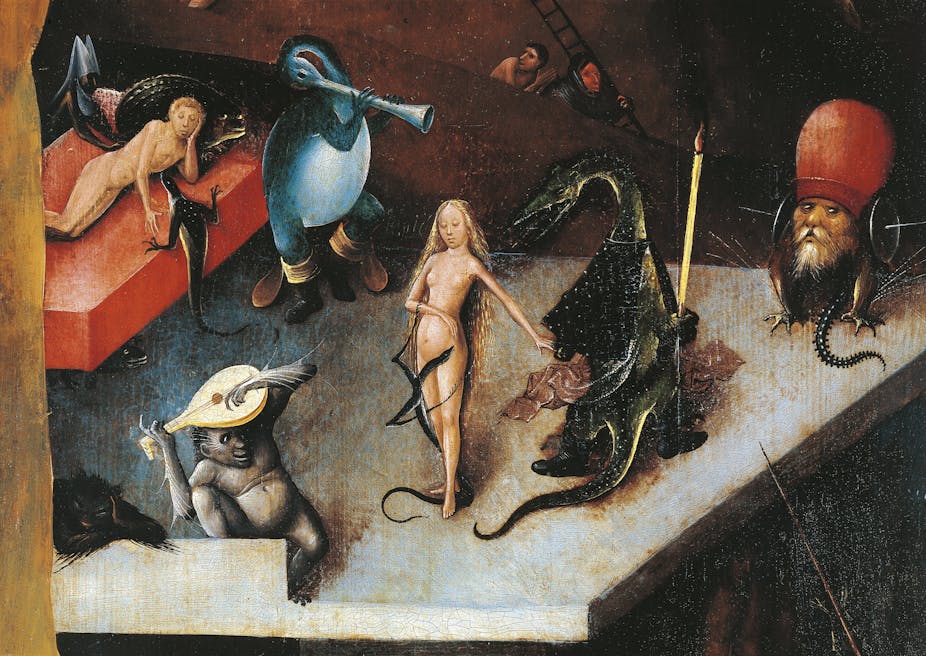 A woman stands between monsters in "The Last Judgement," a painting by 15th-century Dutch artist Hieronymus Bosch.