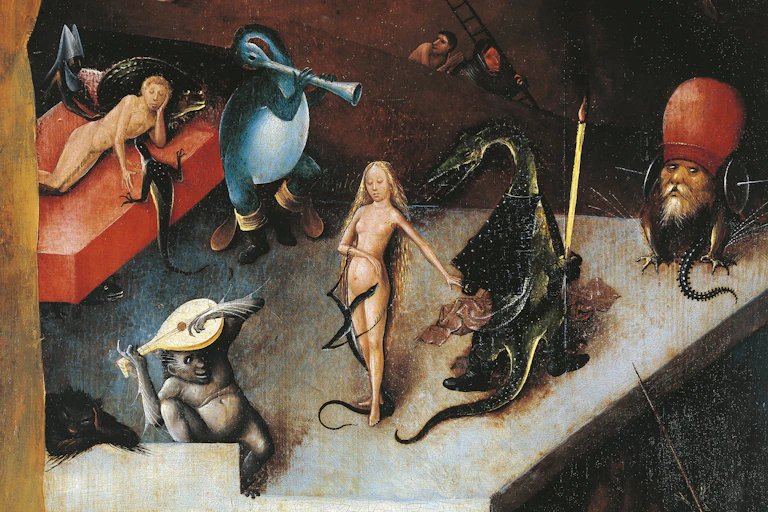 A woman stands between monsters in "The Last Judgement," a painting by 15th-century Dutch artist Hieronymus Bosch.