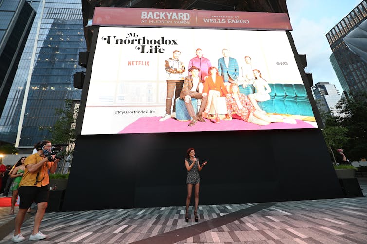 Julia Haart speaks to the audience at the July 15, 2021, premiere of the Netflix series 'My Unorthodox Life,' at Hudson Yards in New York City.