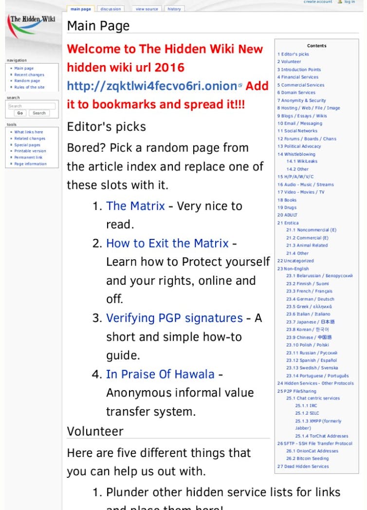 Screenshot of the main page of the Hidden Wiki.