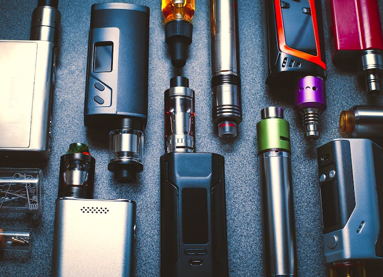 An assortment of different e-cigarettes/ vape pens.