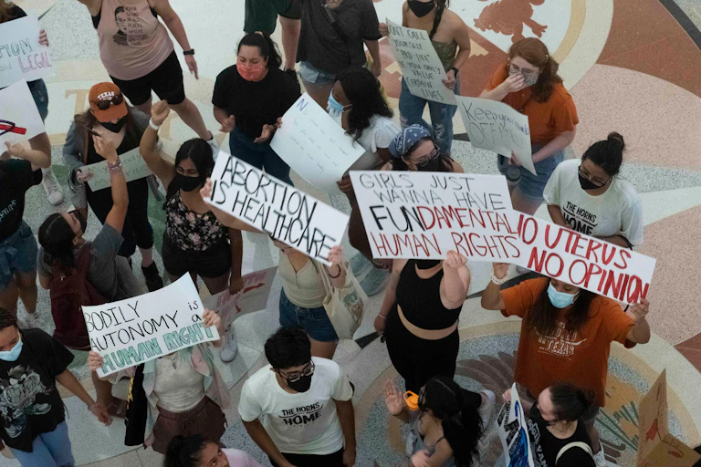 Pro-choice protesters demonstrate against a new law in Texas which would effectively ban women from obtaining abortions after six weeks.
