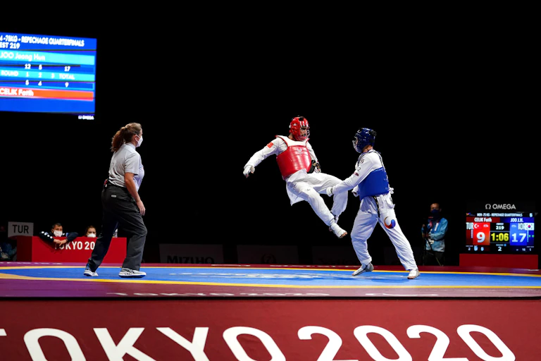 Turkey's Fatih Celik (left) and Korea's Jeong Hun Joo compete during day ten of the Tokyo 2020 Paralympic Games in Japan