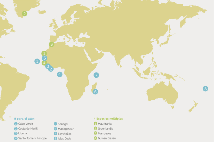 Mapa de zonas de pesca de la UE en costas de otros países