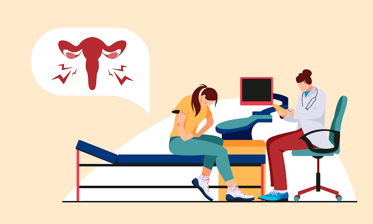 Illustration of a woman with endometriosis pain talking with her doctor.