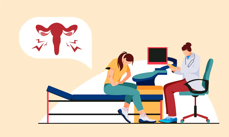Illustration of a woman with endometriosis pain talking with her doctor.