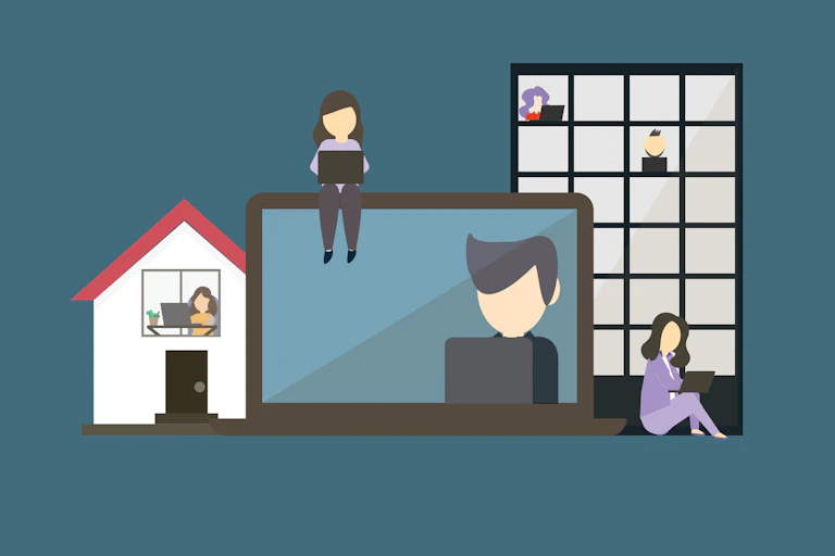 A cartoon depicting workers in different settings, at home and in an office.