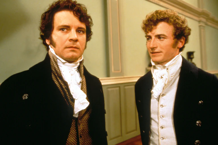 Actors from the TV adaptation of Pride and Prejudice, wearing 19th century costume