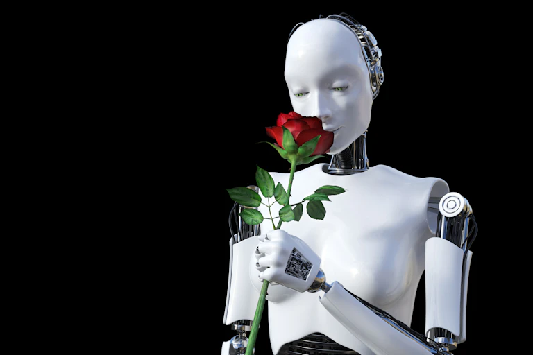 robot oliendo una rosa roja.