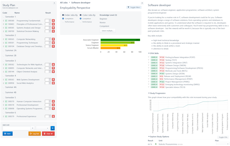 screen shot of the curriculum design system that students can use to ensure their skills are compatible with their desired jobs