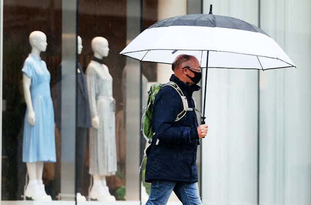 Man walking in rain