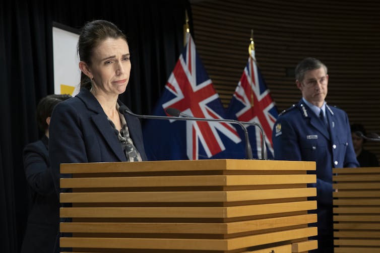 Prime Minister Jacinda Ardern and Police Commissioner Andrew Coster during a media conference.