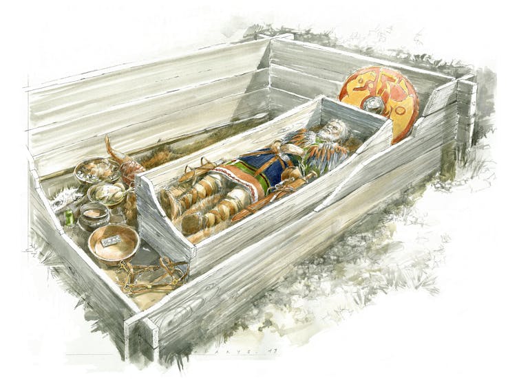 Illustration of a medieval burial with belongings.