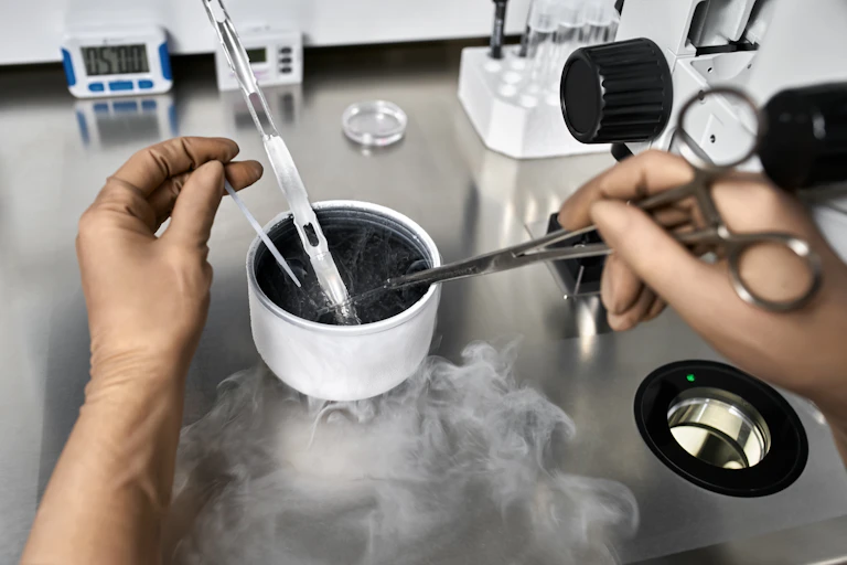 A lab worker with latex gloves is freezing a patient's eggs.
