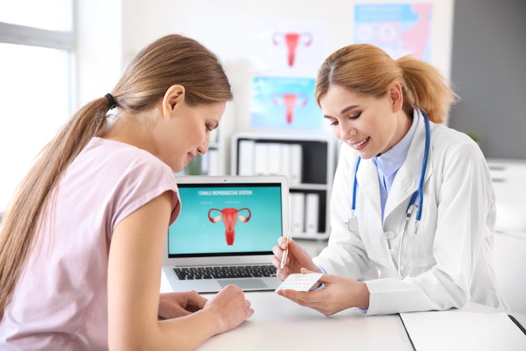A woman is speaking with her gynaecologist. The gynaecologist is using a notebook to explain something.