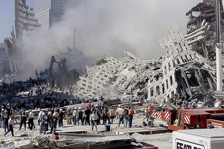 The remains of New York's World Trade Center, two days after the 9/11 terror attack.