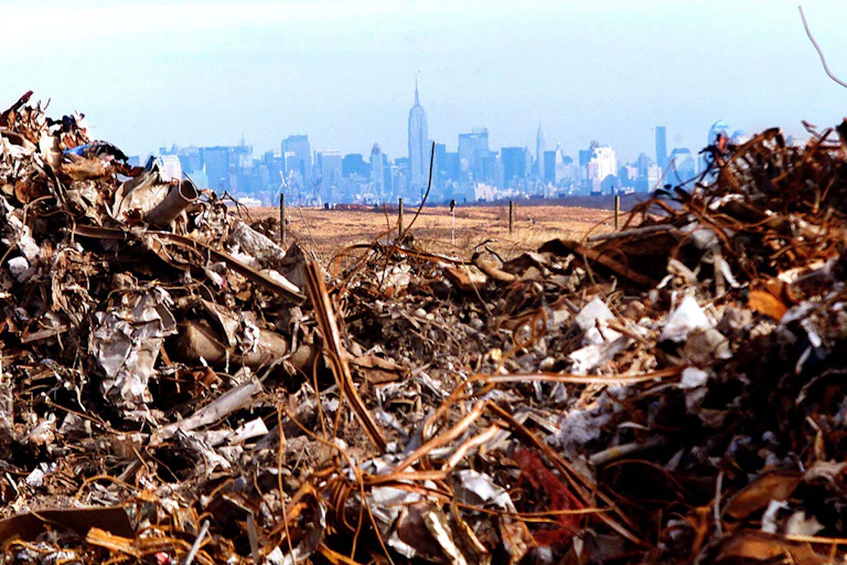 Manhattan skyline seen across piles of debris from the World Trade Center at Fresh Kills landfil.