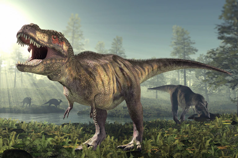 A _Tyrannosaurus rex_ -- a huge dinosaur with a big head and teeth and little front legs -- walks the ground of an ancient forest.