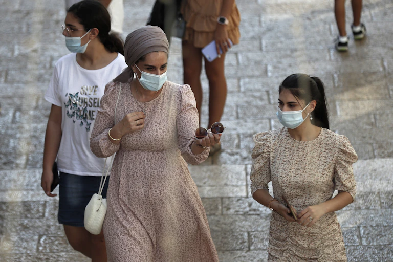 Israeli women in masks walking outside
