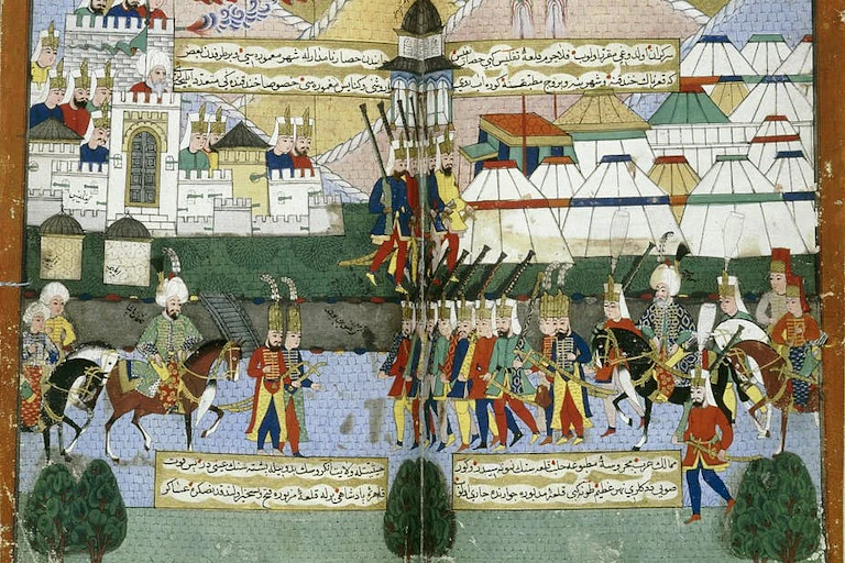 Illustrated book of soldiers marching outside a walled city