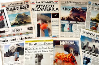 voorpagina ' s uit de hele wereld met krantenkoppen over 9/11.