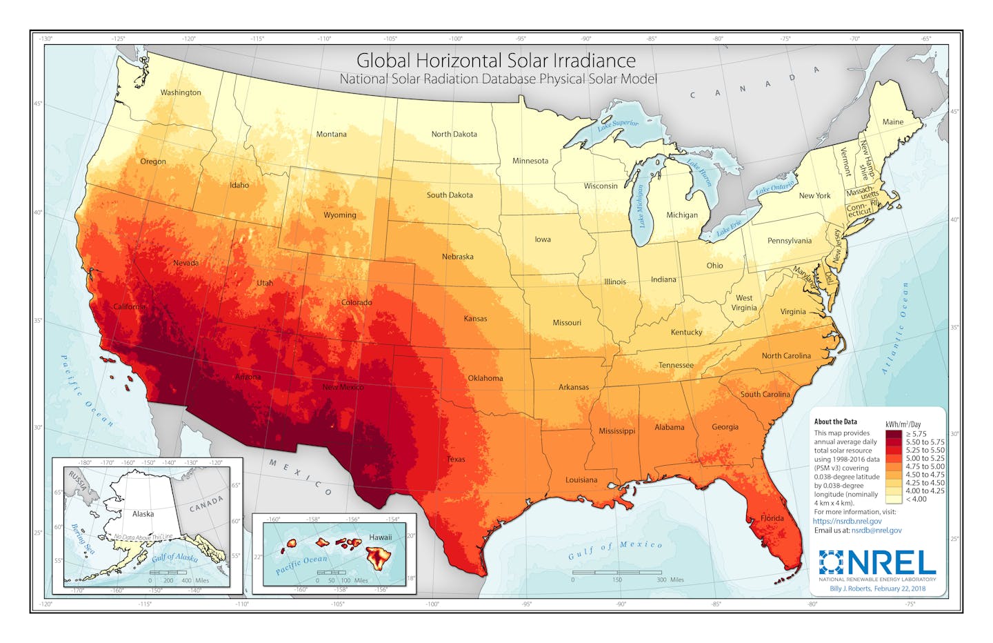 Map of yearly U.S. solar resources.