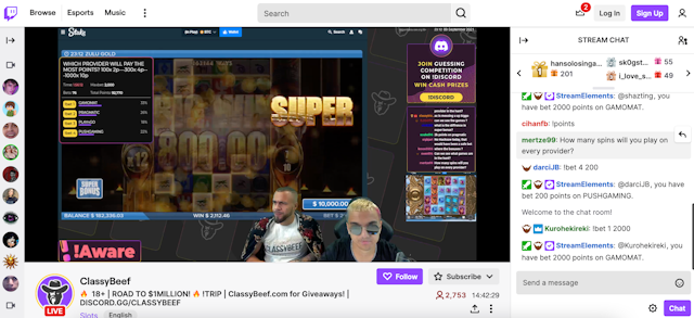 Screenshot of a gambling live stream from streamers ClassyBeef
