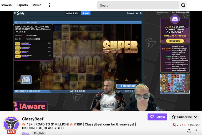 Screenshot of a gambling live stream from streamers ClassyBeef