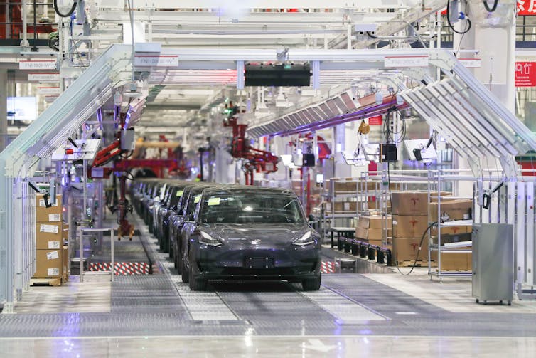Cars on the production line at the Tesla gigafactory in Shanghai