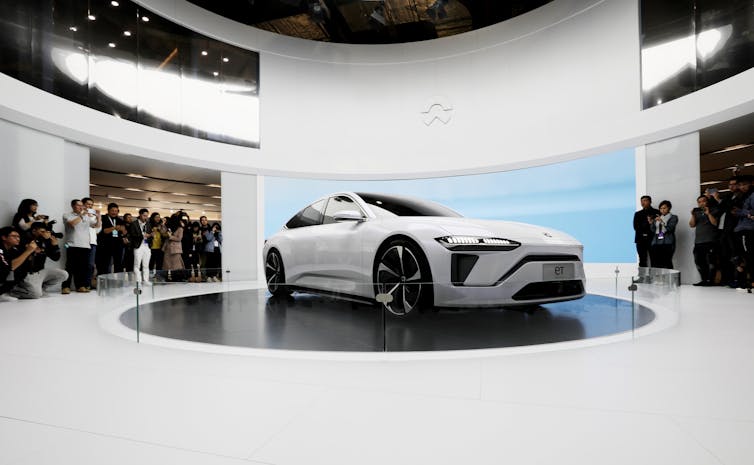 The Nio eT electric sedan being unveiled in Shanghai.