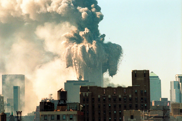 World Trade Center collapses after being hit by an aircraft hijacked by terrorists.