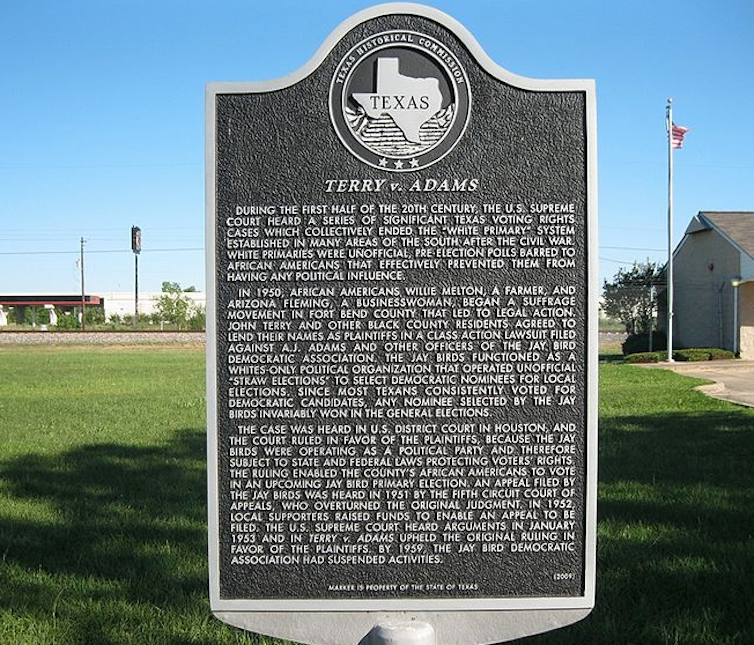 A historical marker memorializing the Terry v. Adams case.
