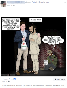A cartoon shows Trudeau with his arm around Omar Khadr with a wounded veteran in the background.