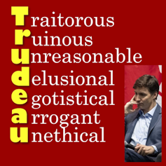 A poster spells out Trudeau: Traitorous, ruinous, unreasonable, delusional, egotistical, arrogant and unethical.