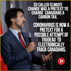 A poster says COVID-19 is a hoax that allows Trudeau to electronically track Canadians.