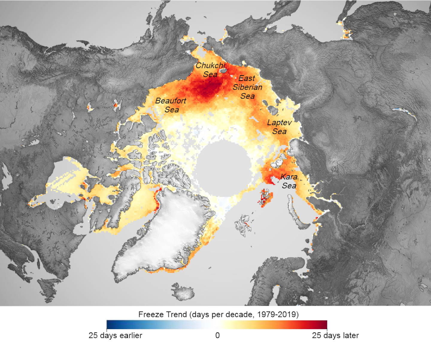 Map of the Arctic showing areas freezing later in the season, particularly north of Alaska and in the Kara Sea off Russia