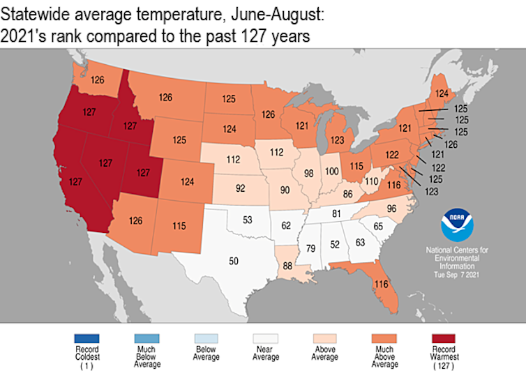 Map of the contiguous United States with historic temperature ranks on each state. Several were the hottest on record or close to it.