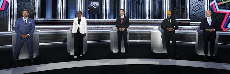Bloc Québecois leader Yves-Francois Blanchet, Green Party leader Annamie Paul, Liberal leader Justin Trudeau, NDP leader Jagmeet Singh and Conservative leader Erin O'Toole before the federal election English-language leaders' debate.