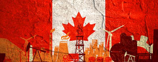 Graphic of illustrated energy facilities with a Canadian flag background